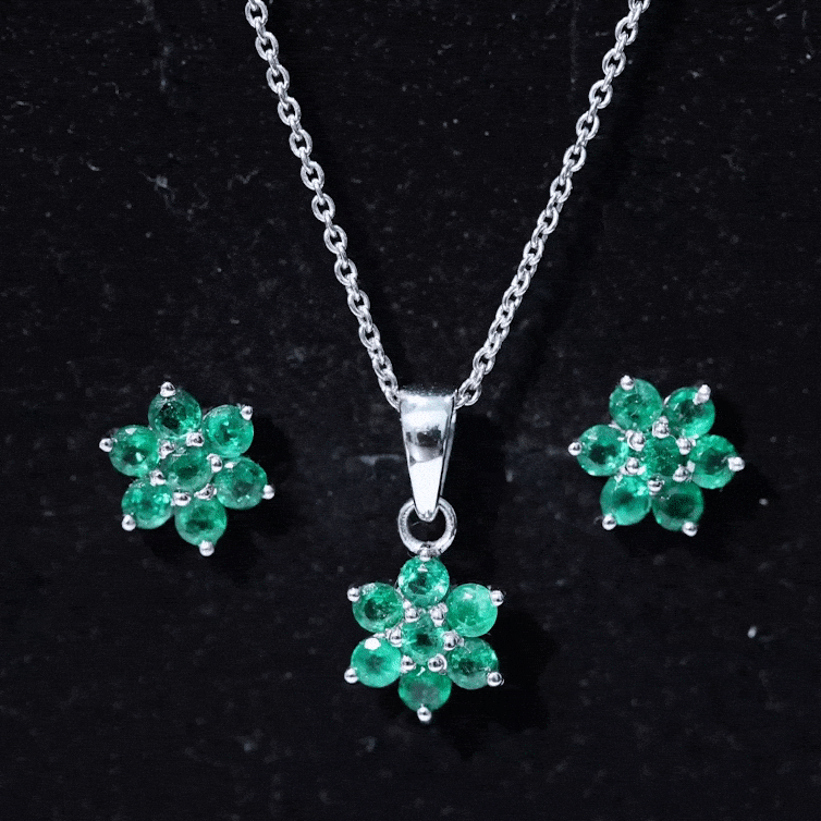 Emerald Flower Necklace - Round Cut Emerald Jewelry Set with Flower Pendant Earrings