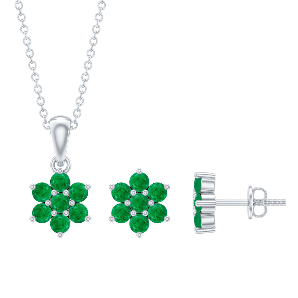 Emerald Flower Necklace - Round Cut Emerald Jewelry Set with Flower Pendant Earrings