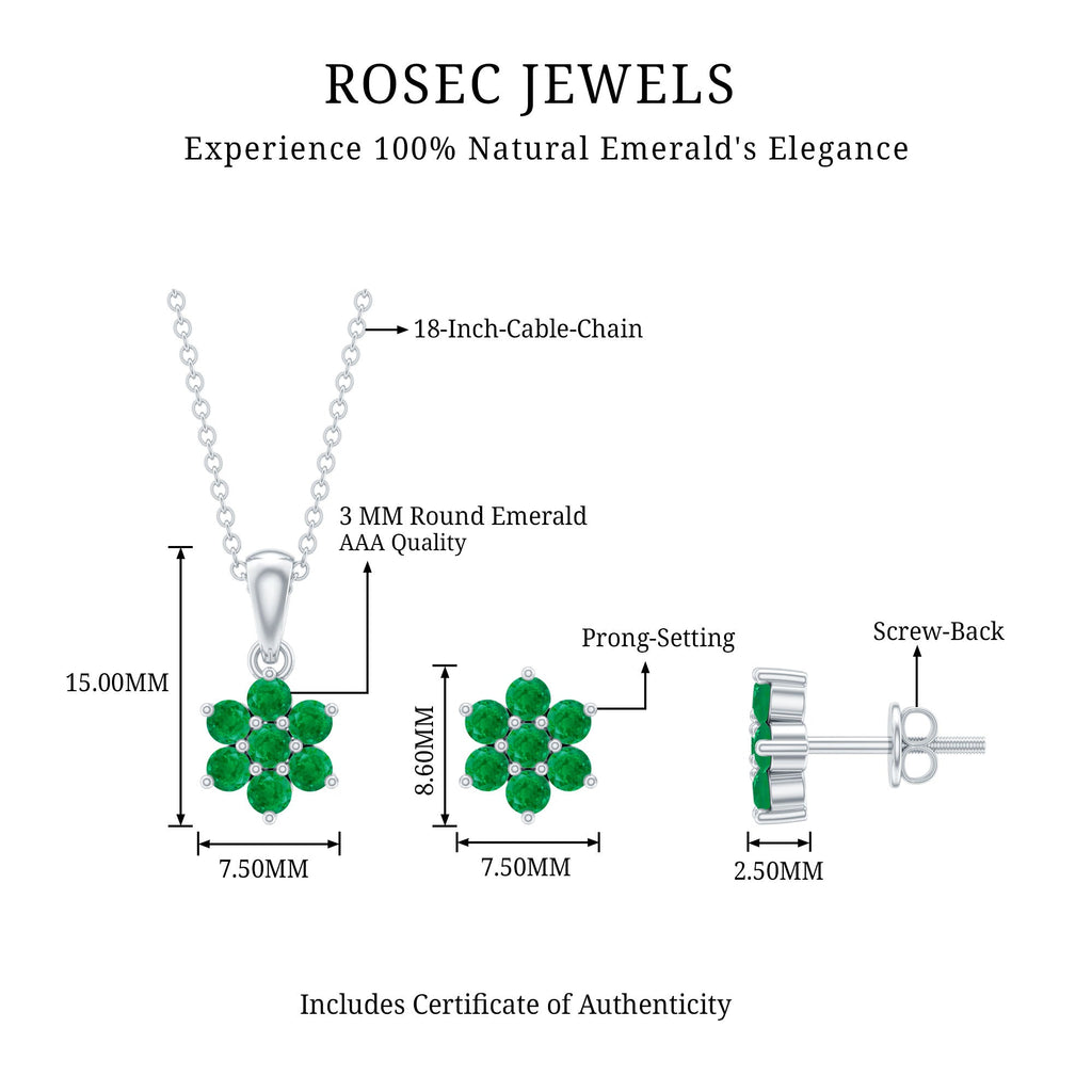 Emerald Flower Necklace - Round Cut Emerald Jewelry Set with Flower Pendant Earrings