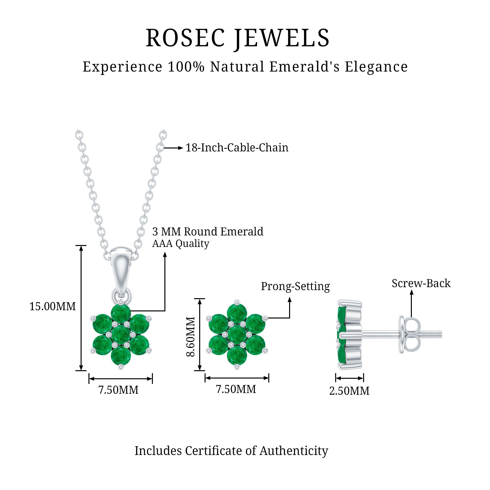 Emerald Flower Necklace - Round Cut Emerald Jewelry Set with Flower Pendant Earrings