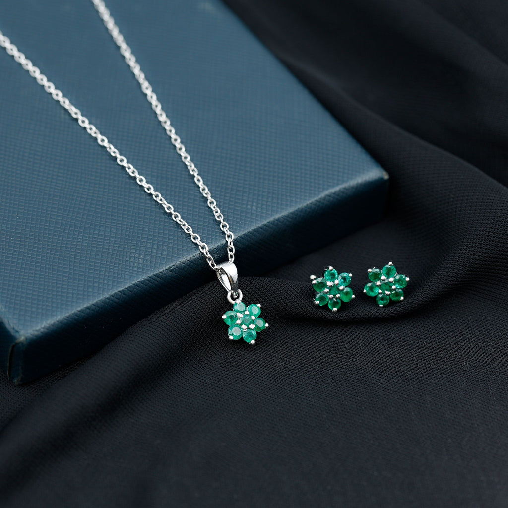 Emerald Flower Necklace - Round Cut Emerald Jewelry Set with Flower Pendant Earrings