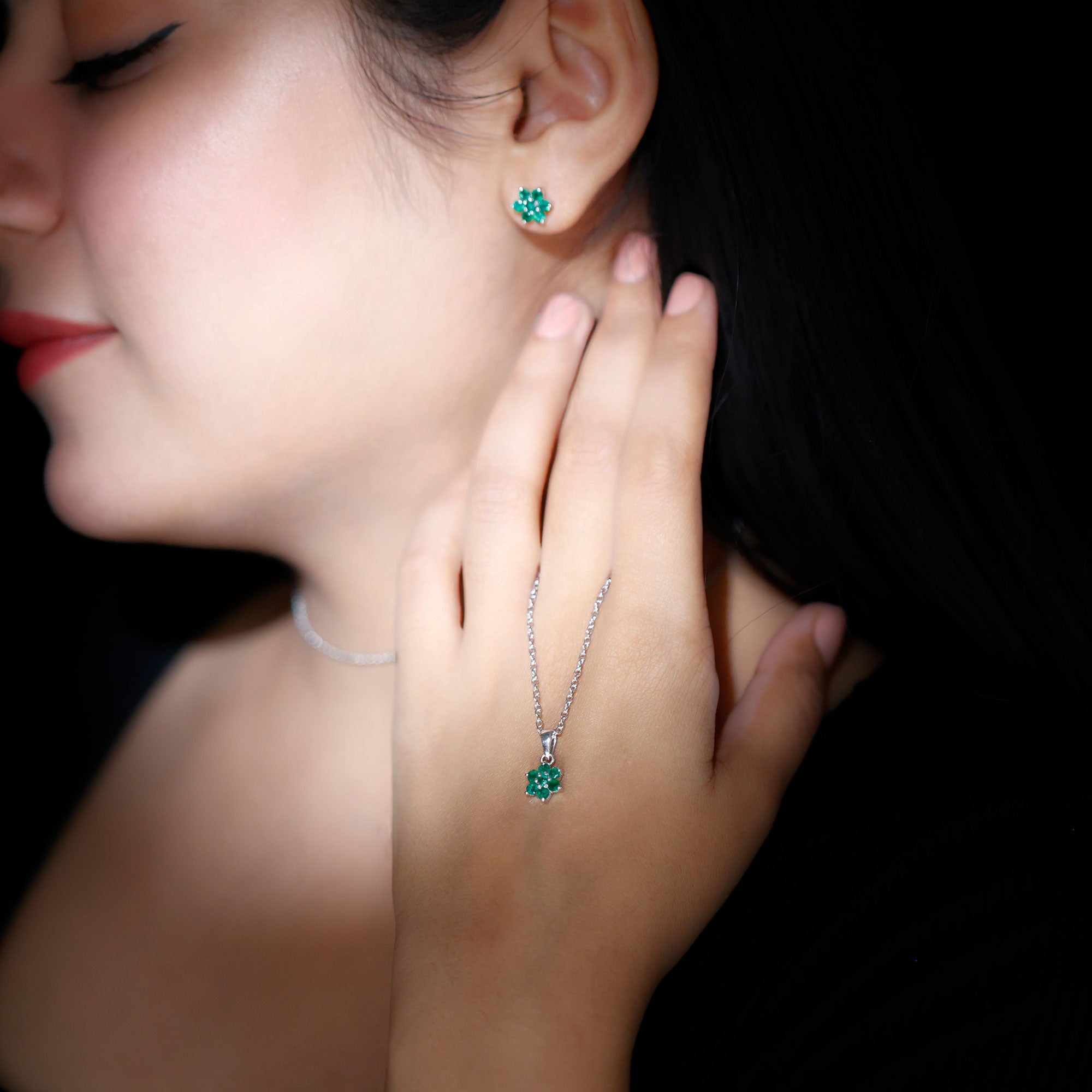 Emerald Flower Necklace - Round Cut Emerald Jewelry Set with Flower Pendant Earrings