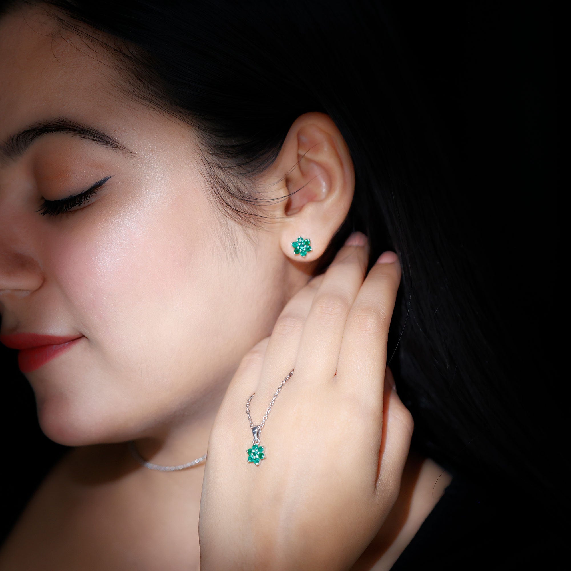 Emerald Flower Necklace - Round Cut Emerald Jewelry Set with Flower Pendant Earrings