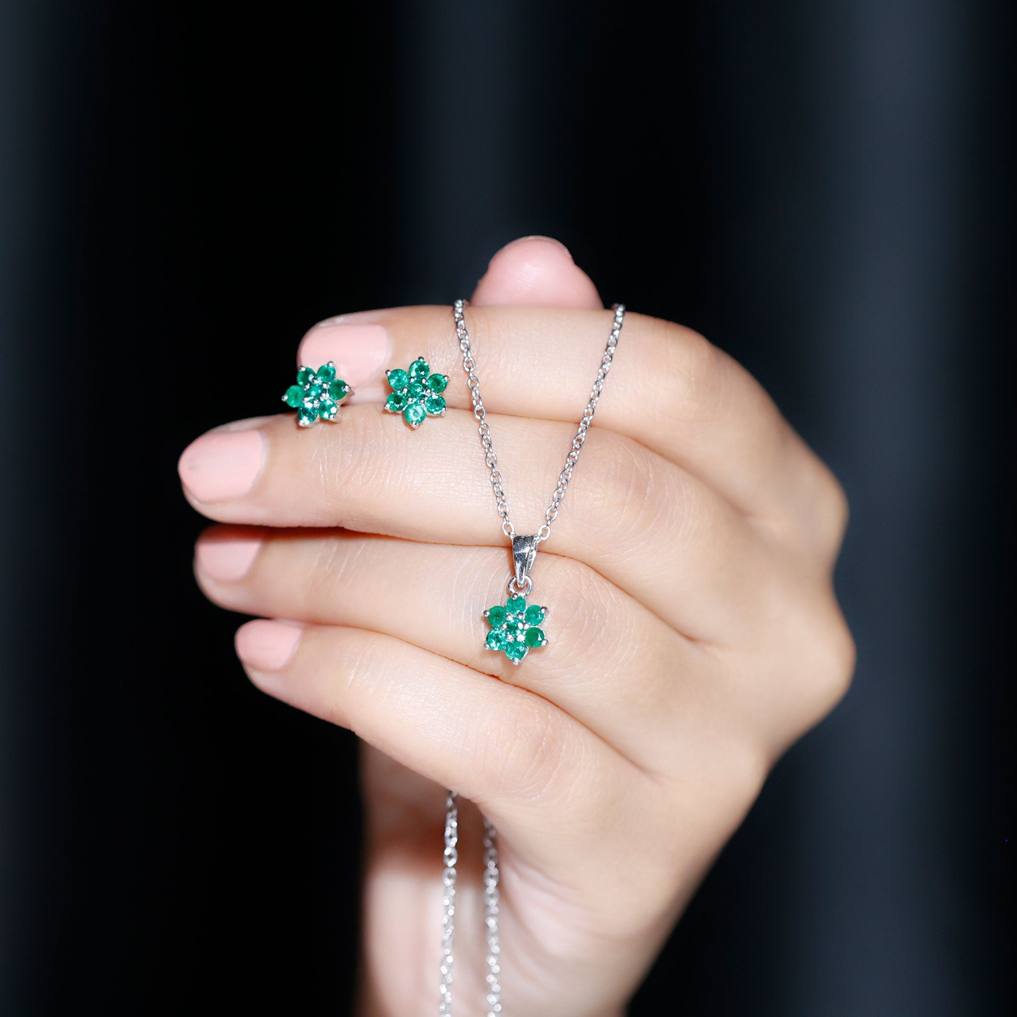Emerald Flower Necklace - Round Cut Emerald Jewelry Set with Flower Pendant Earrings