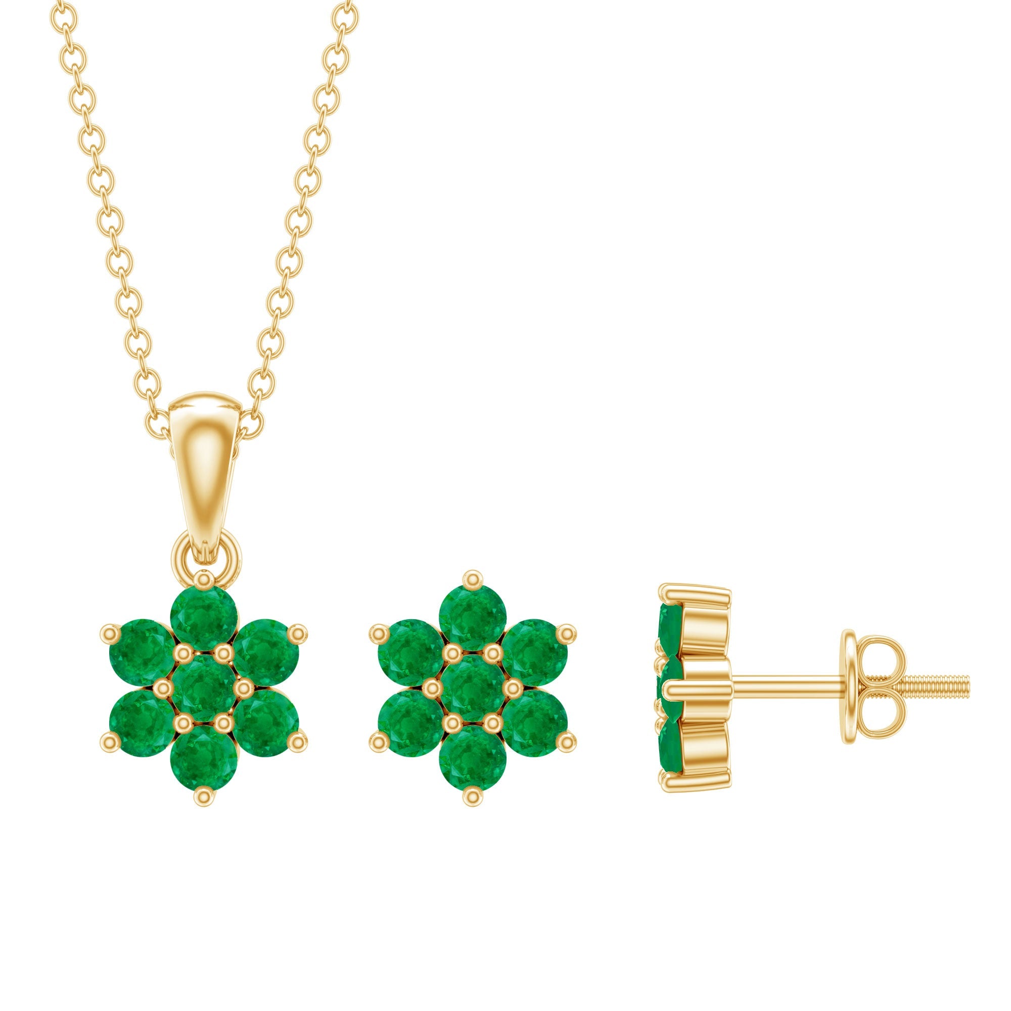 Emerald Flower Necklace - Round Cut Emerald Jewelry Set with Flower Pendant Earrings