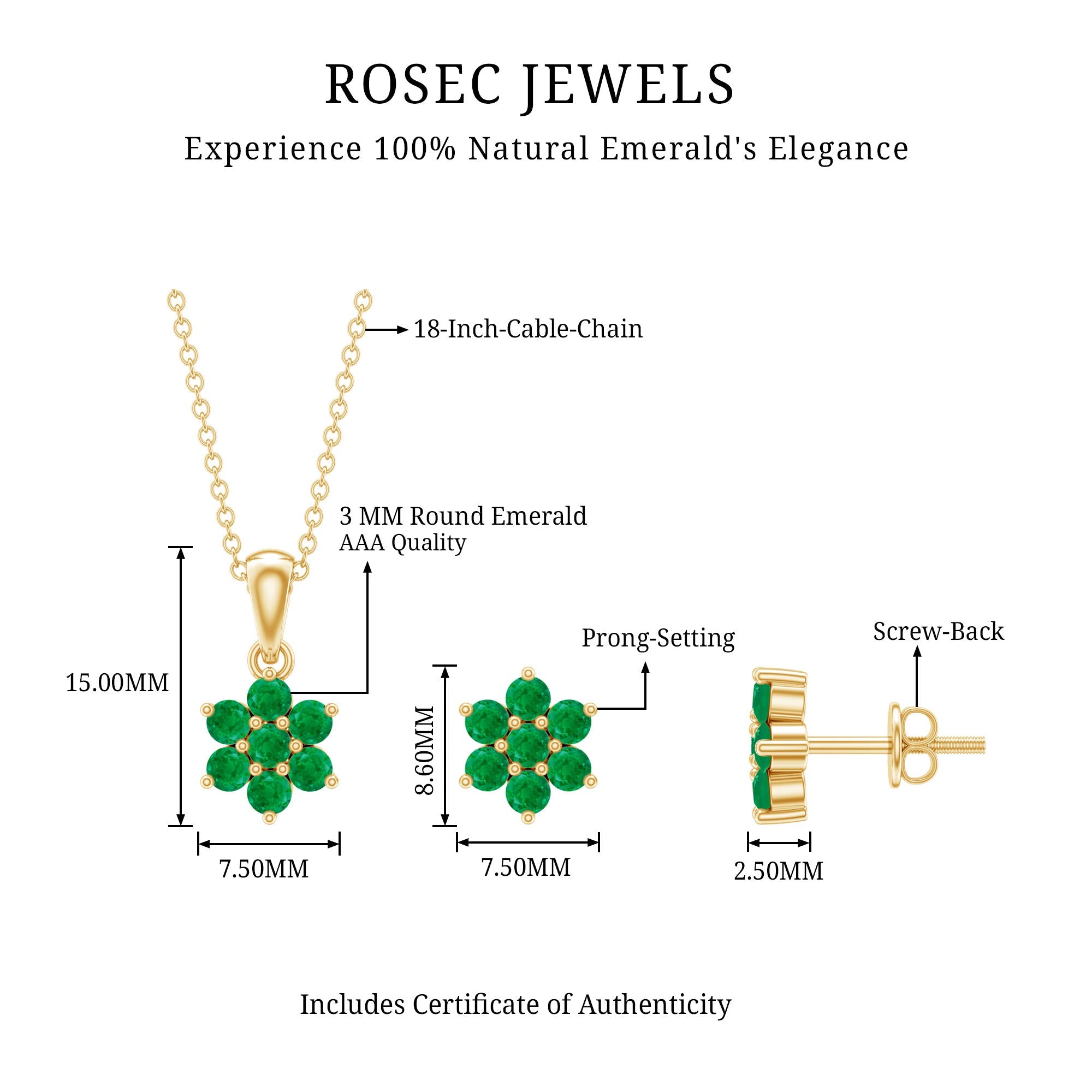 Emerald Flower Necklace - Round Cut Emerald Jewelry Set with Flower Pendant Earrings
