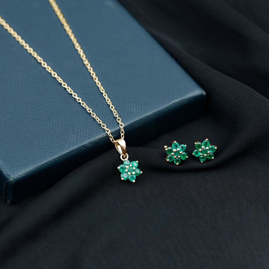 Emerald Flower Necklace - Round Cut Emerald Jewelry Set with Flower Pendant Earrings