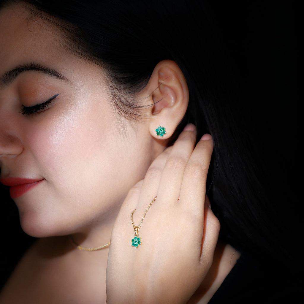 Emerald Flower Necklace - Round Cut Emerald Jewelry Set with Flower Pendant Earrings