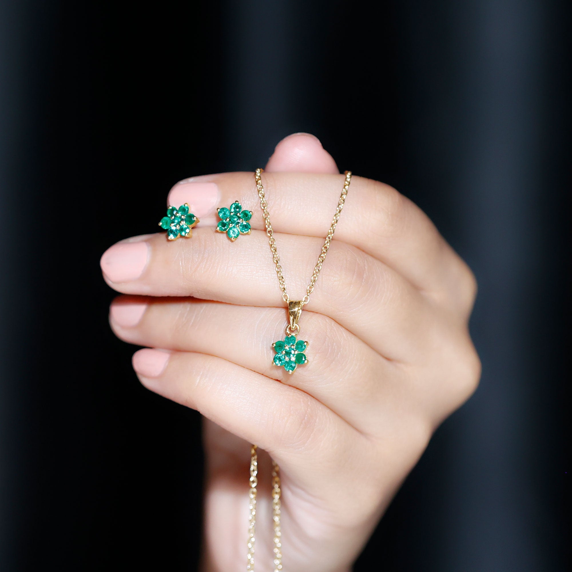 Emerald Flower Necklace - Round Cut Emerald Jewelry Set with Flower Pendant Earrings