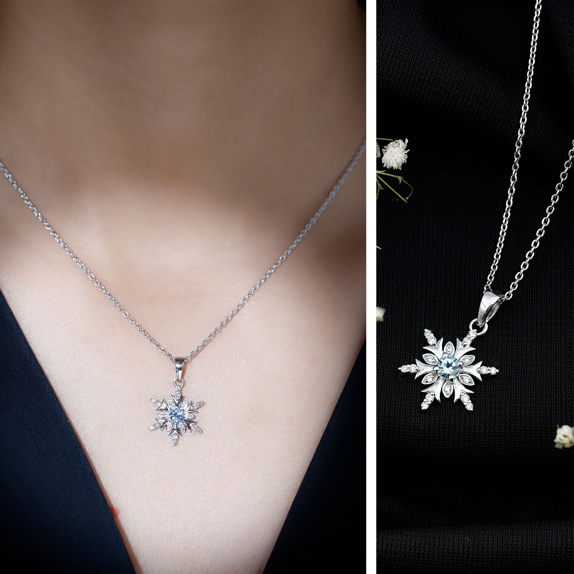 Aquamarine Snowflake Necklace – Designer Diamond Pendant With Fine Chain Jewelry