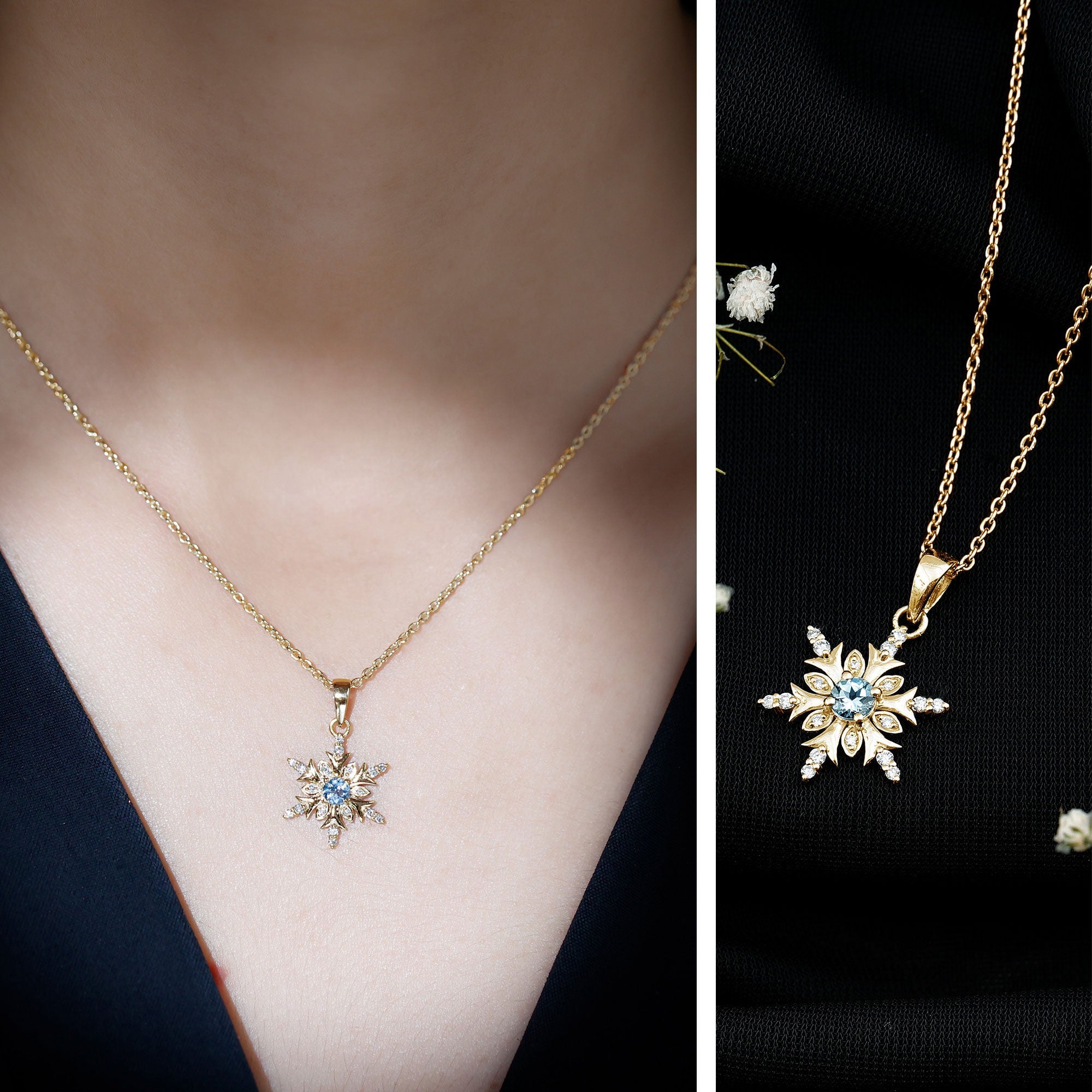 Aquamarine Snowflake Necklace – Designer Diamond Pendant With Fine Chain Jewelry