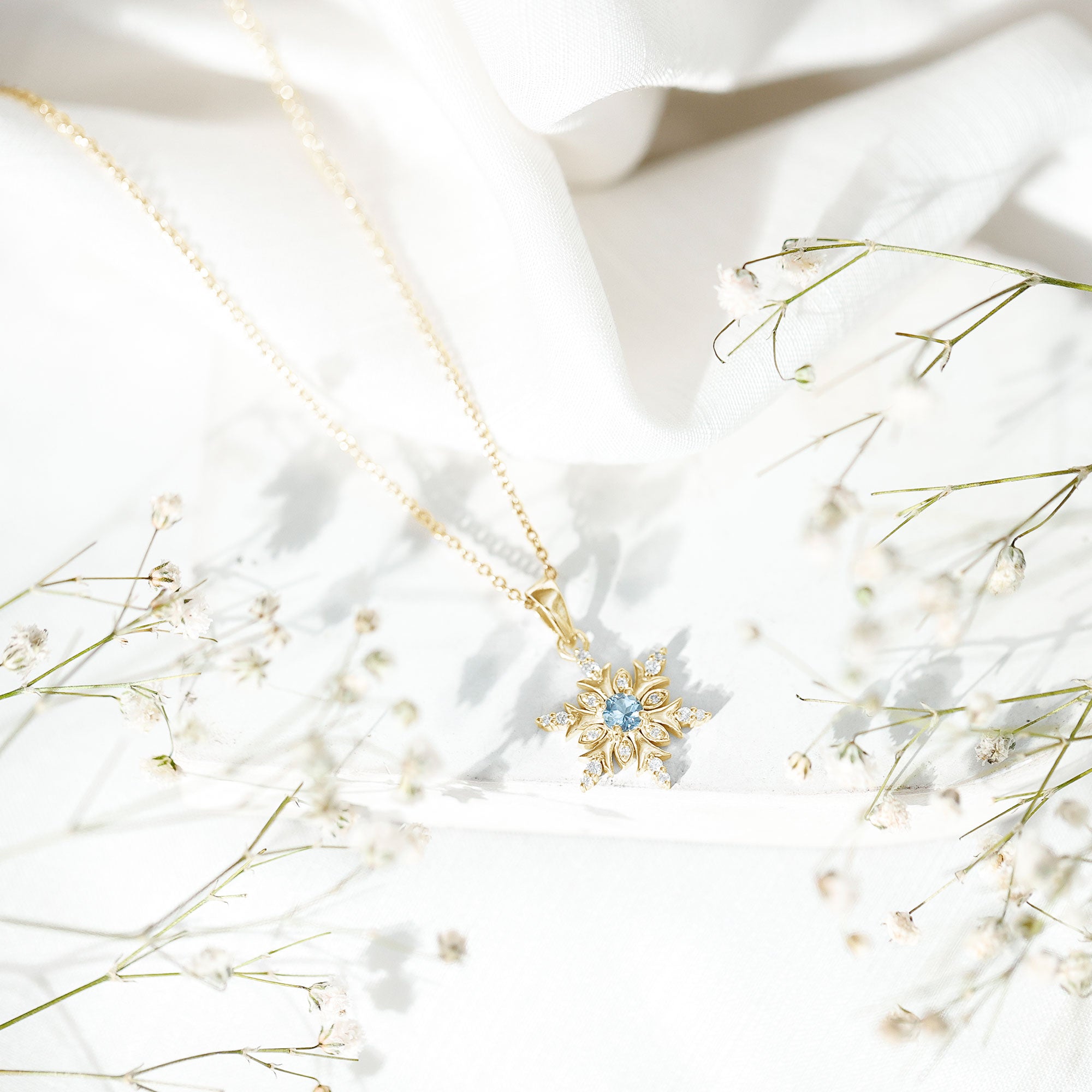 Aquamarine Snowflake Necklace – Designer Diamond Pendant With Fine Chain Jewelry