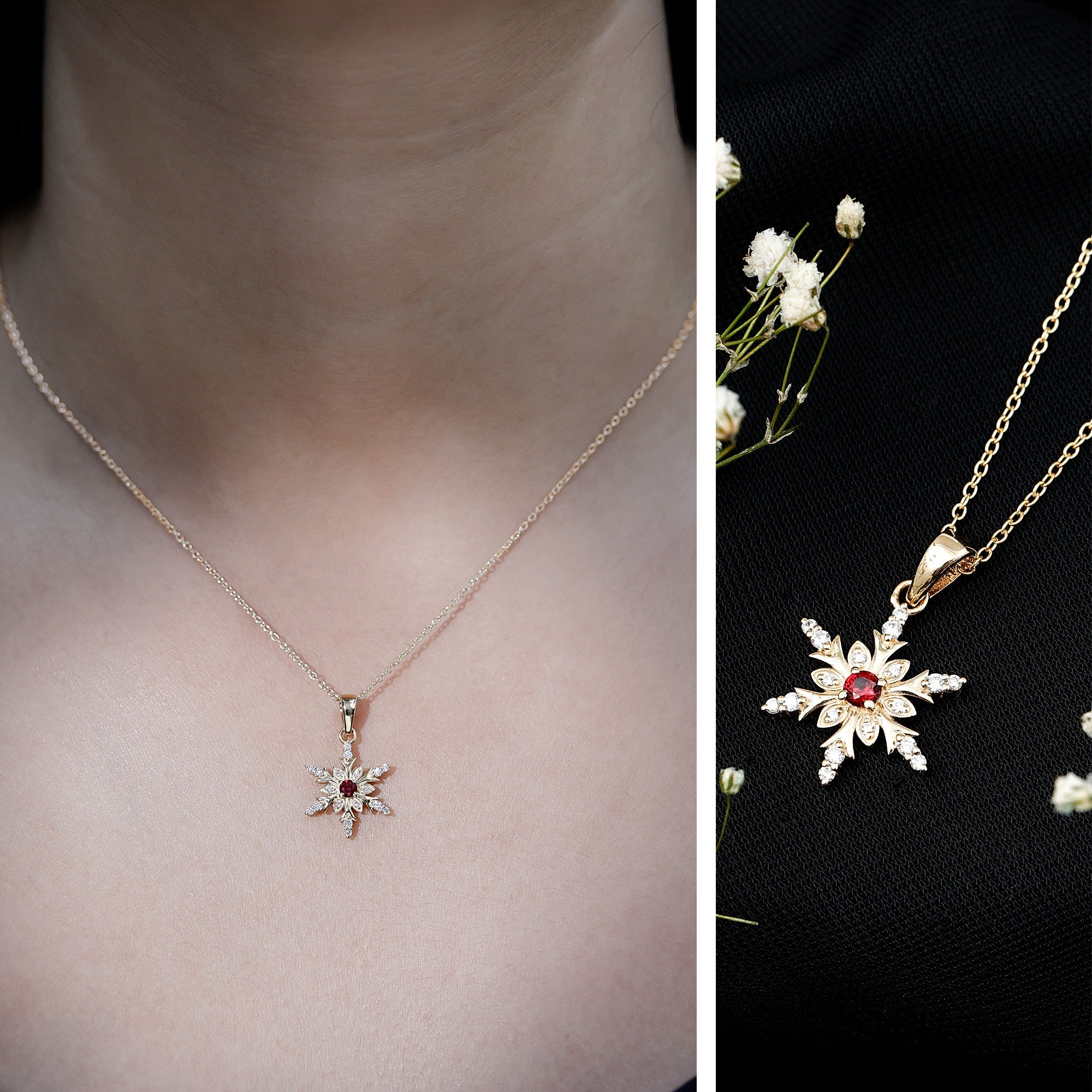 Ruby Snowflake Pendant – Lab Created Ruby With Diamond Accent In Solid Gold