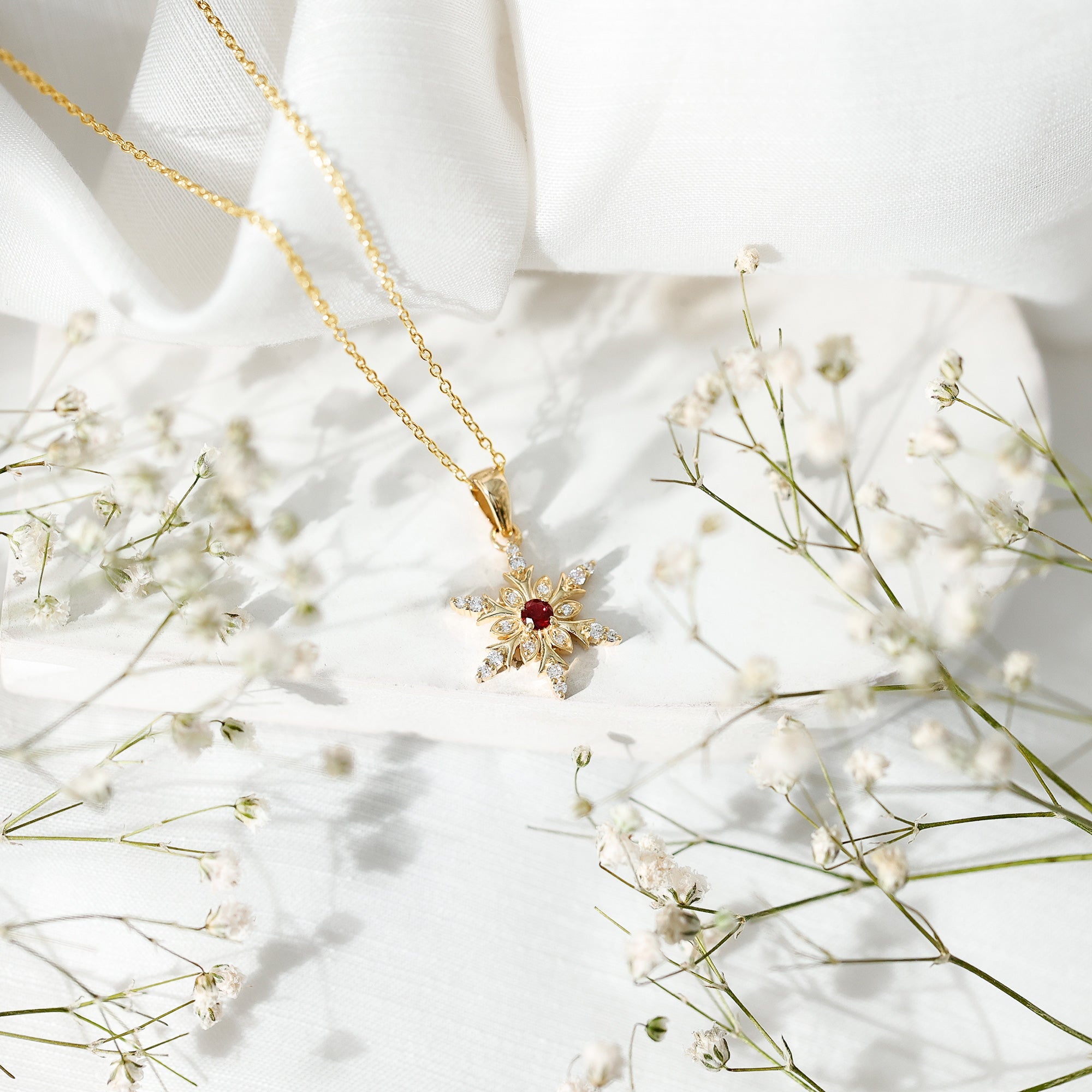 Ruby Snowflake Pendant – Lab Created Ruby With Diamond Accent In Solid Gold