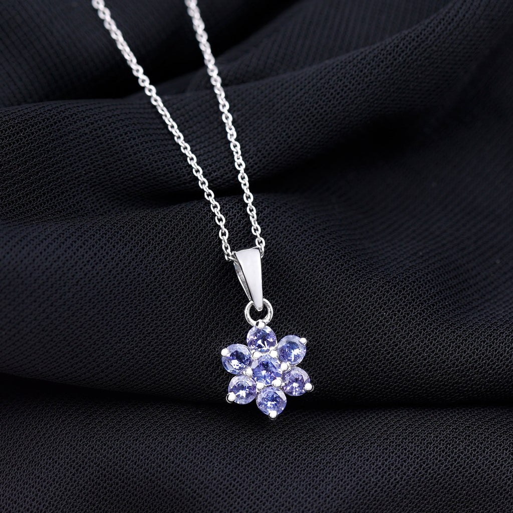 Tanzanite Flower Pendant - Natural Blue Gemstone Cluster Necklace in Prong Setting