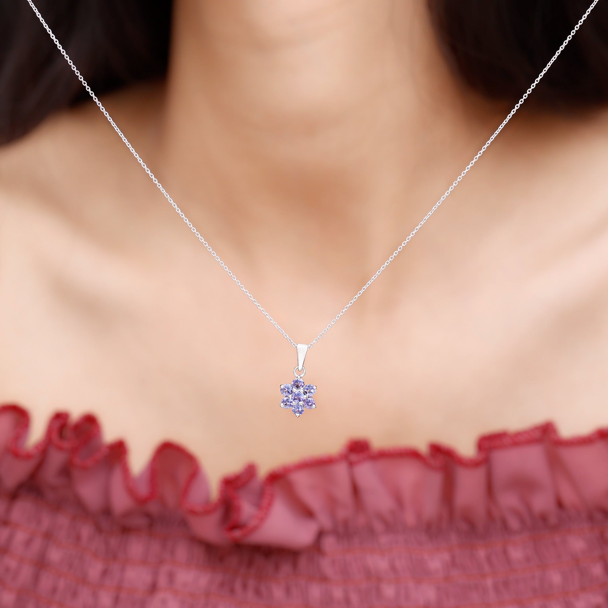 Tanzanite Flower Pendant - Natural Blue Gemstone Cluster Necklace in Prong Setting