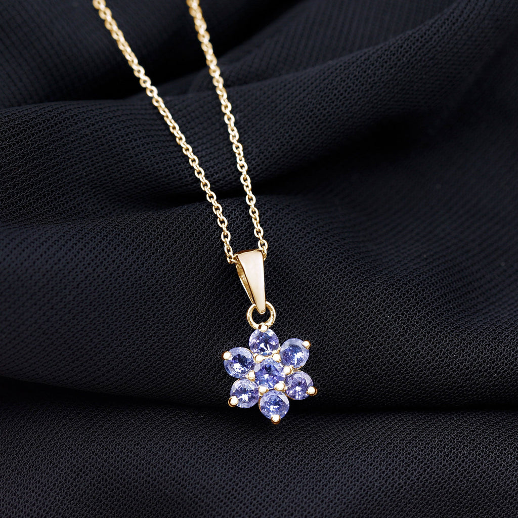 Tanzanite Flower Pendant - Natural Blue Gemstone Cluster Necklace in Prong Setting