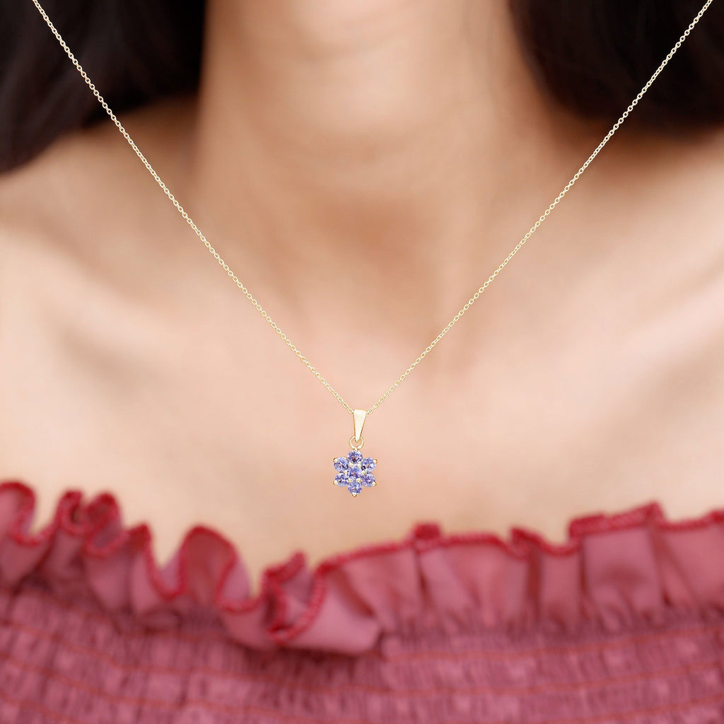 Tanzanite Flower Pendant - Natural Blue Gemstone Cluster Necklace in Prong Setting