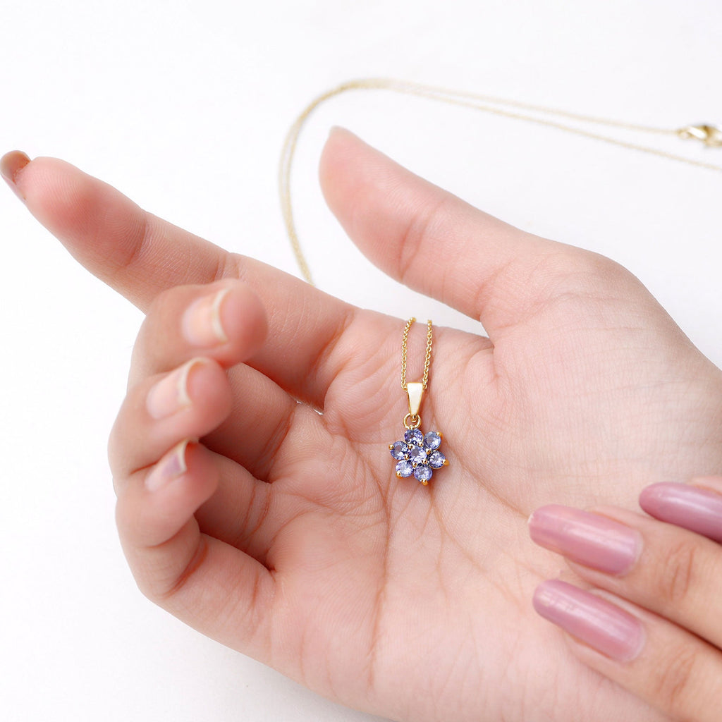 Tanzanite Flower Pendant - Natural Blue Gemstone Cluster Necklace in Prong Setting
