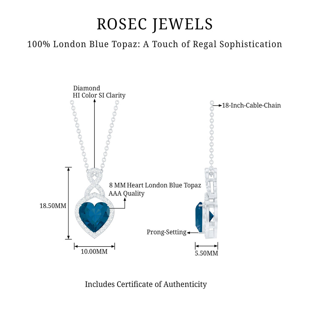 Heart Shape Necklace – 2 Carat Blue Topaz Infinity Pendant with Diamonds
