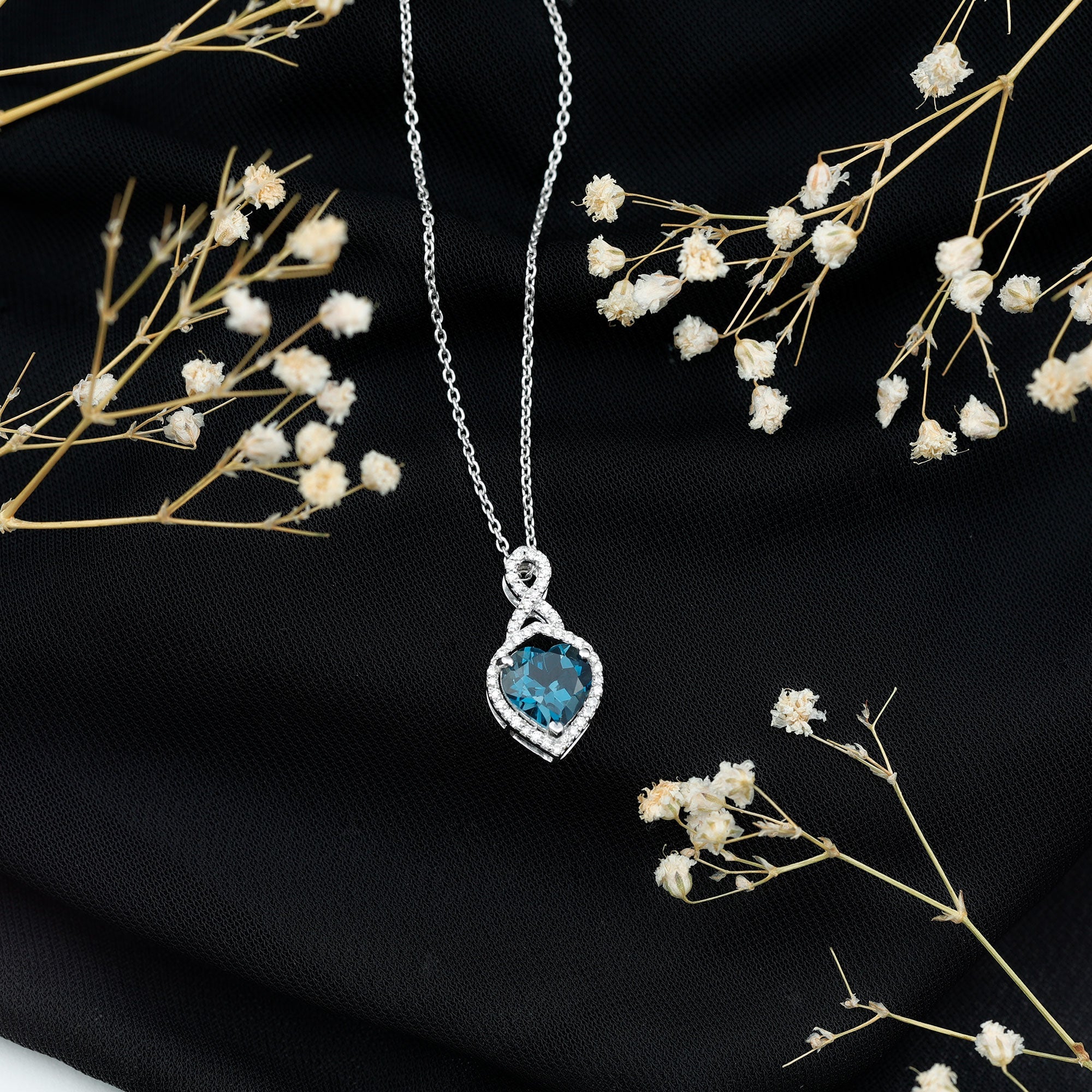 Heart Shape Necklace – 2 Carat Blue Topaz Infinity Pendant with Diamonds