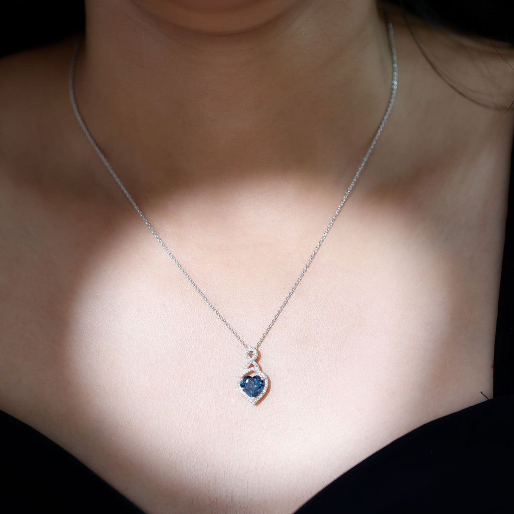 Heart Shape Necklace – 2 Carat Blue Topaz Infinity Pendant with Diamonds