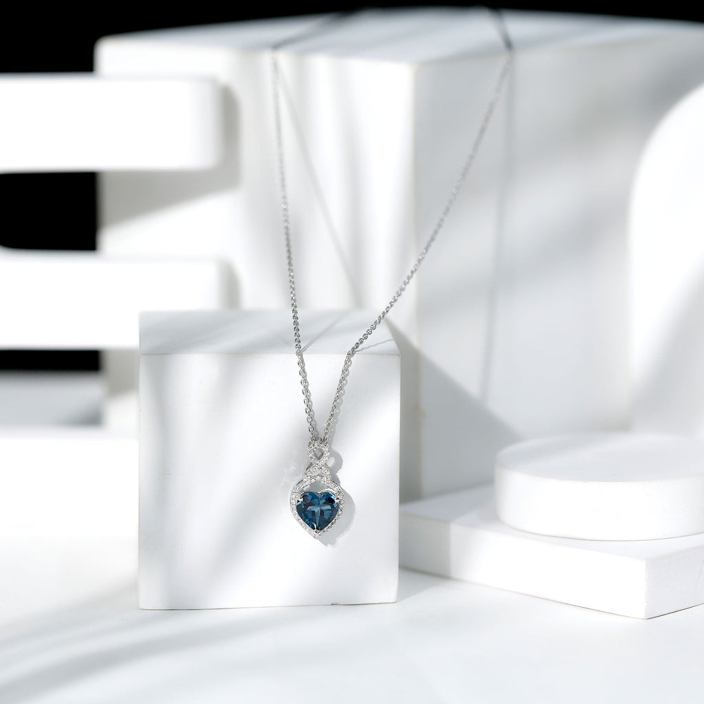 Heart Shape Necklace – 2 Carat Blue Topaz Infinity Pendant with Diamonds