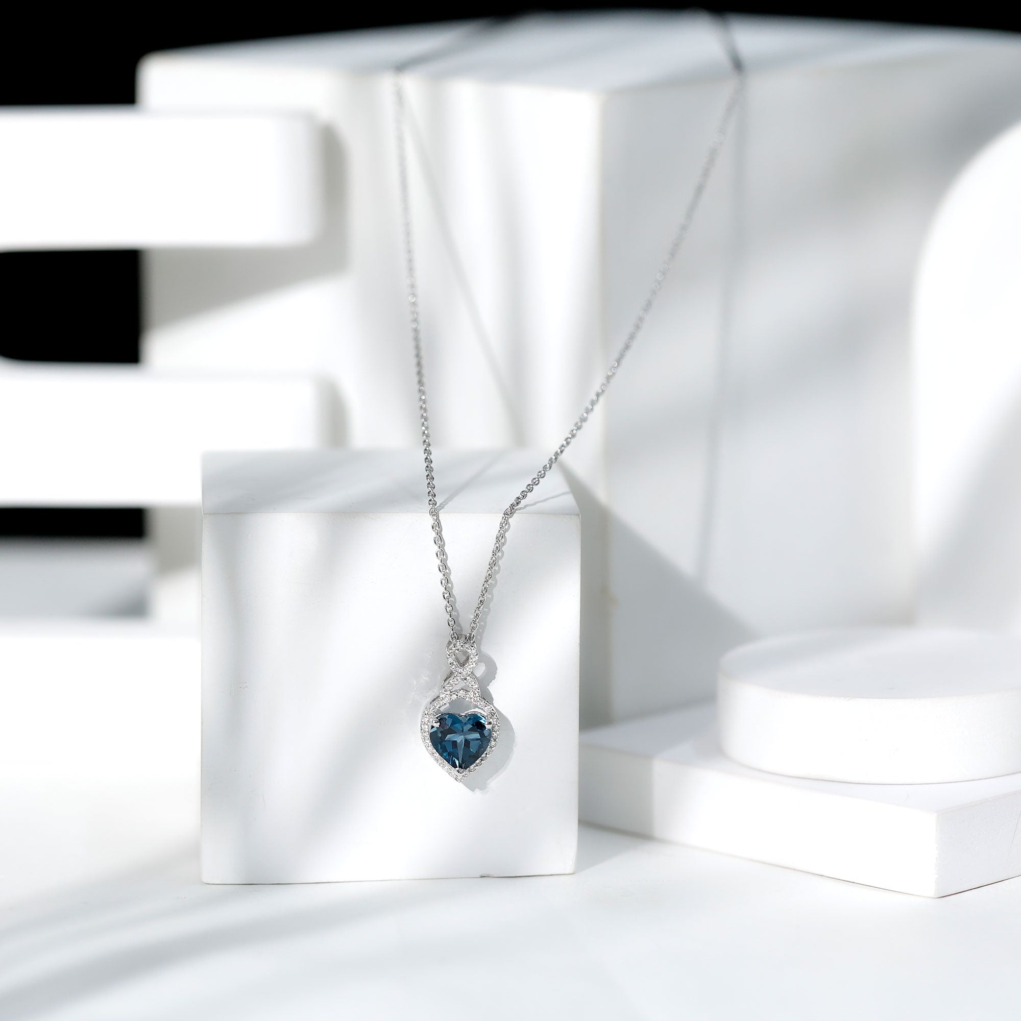 Heart Shape Necklace – 2 Carat Blue Topaz Infinity Pendant with Diamonds