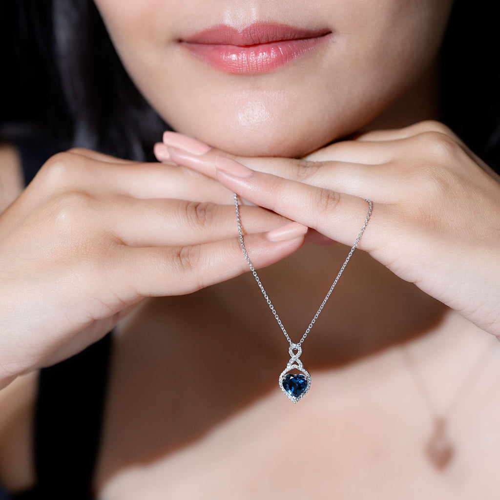 Heart Shape Necklace – 2 Carat Blue Topaz Infinity Pendant with Diamonds