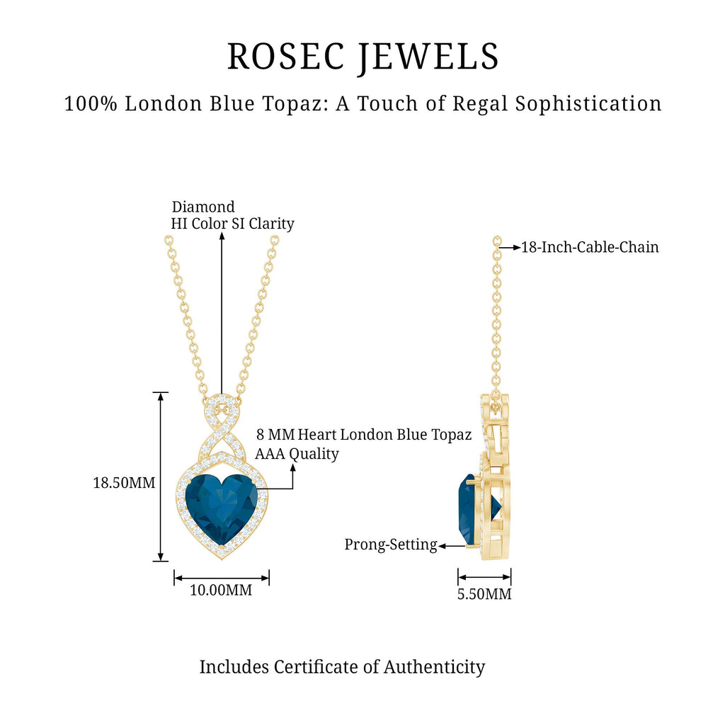Heart Shape Necklace – 2 Carat Blue Topaz Infinity Pendant with Diamonds