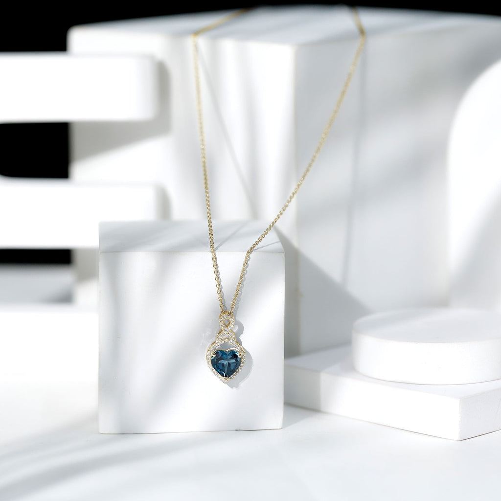 Heart Shape Necklace – 2 Carat Blue Topaz Infinity Pendant with Diamonds