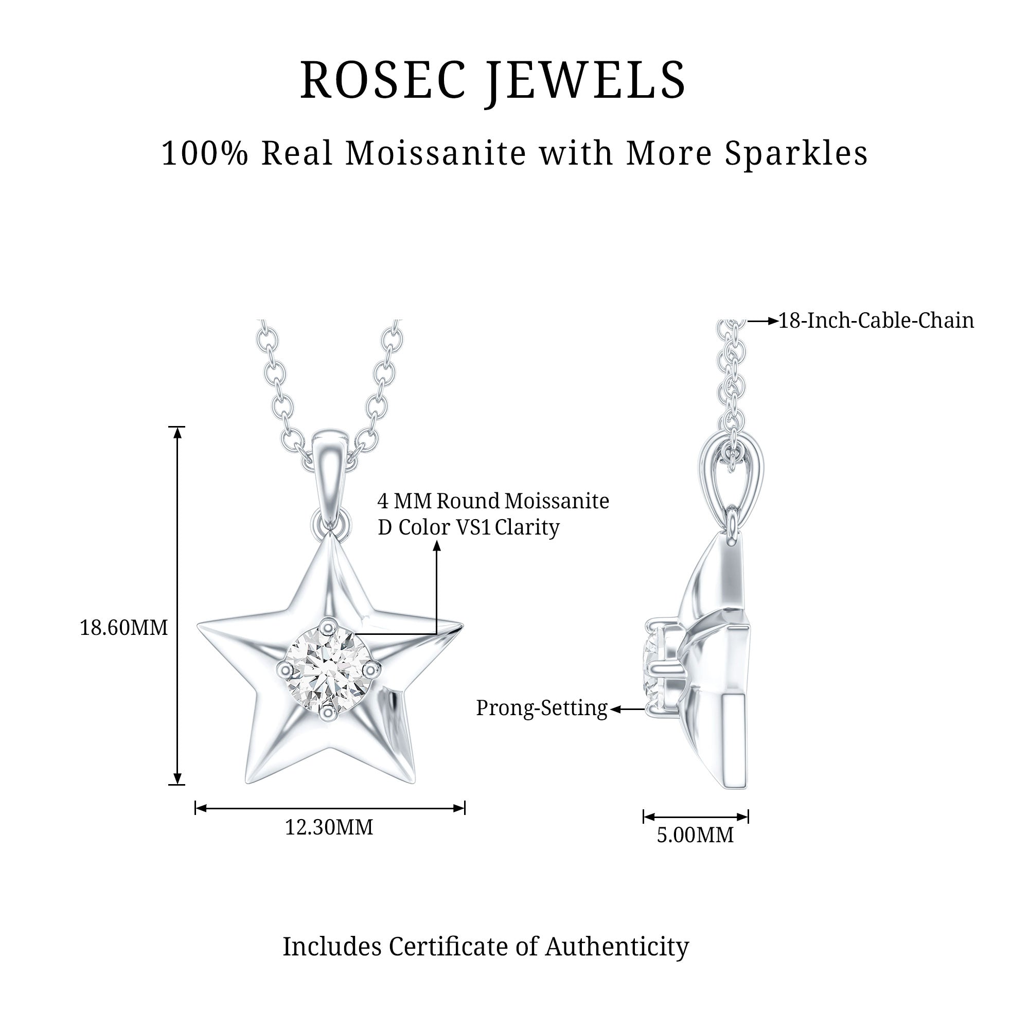 Moissanite Star Pendant – 4MM D-VS1 Stone Celestial Necklace with Cable Chain