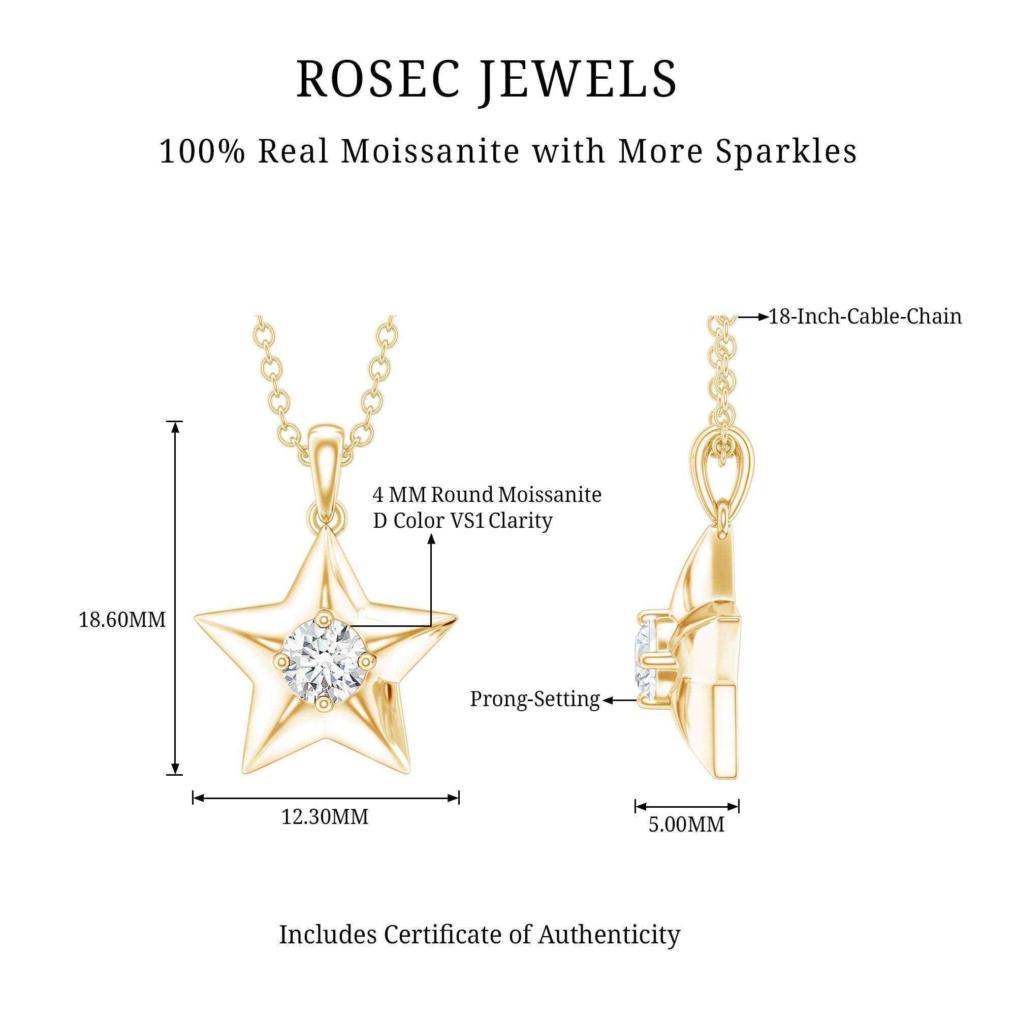 Moissanite Star Pendant – 4MM D-VS1 Stone Celestial Necklace with Cable Chain
