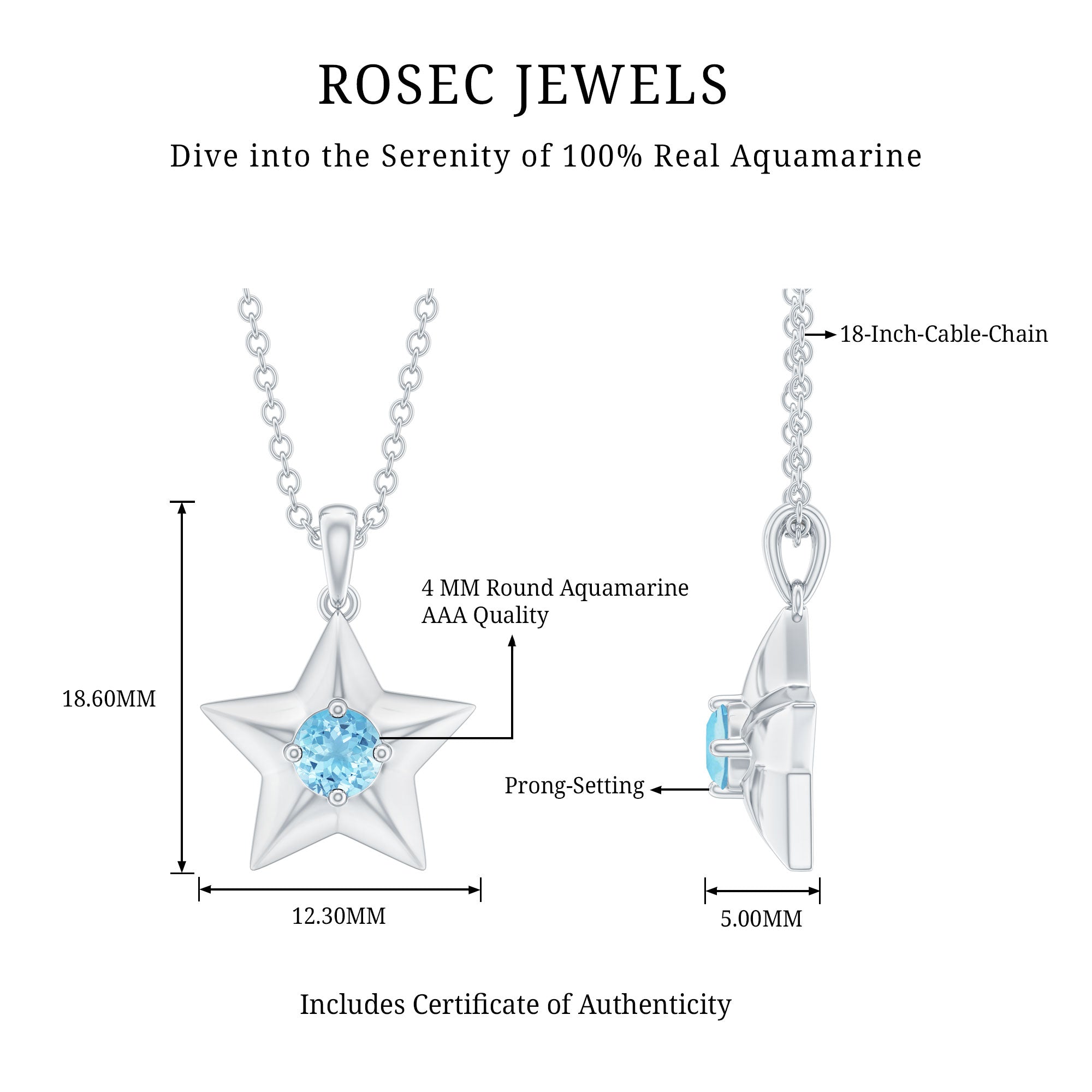Aquamarine Star Necklace – Natural Blue Gemstone Pendant With Prong Setting