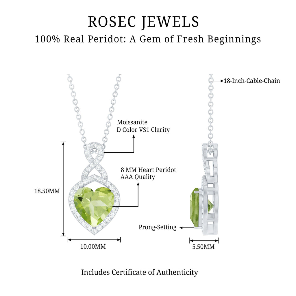Peridot Infinity Pendant – 2 Carat Heart Shape Necklace with Moissanite Stones
