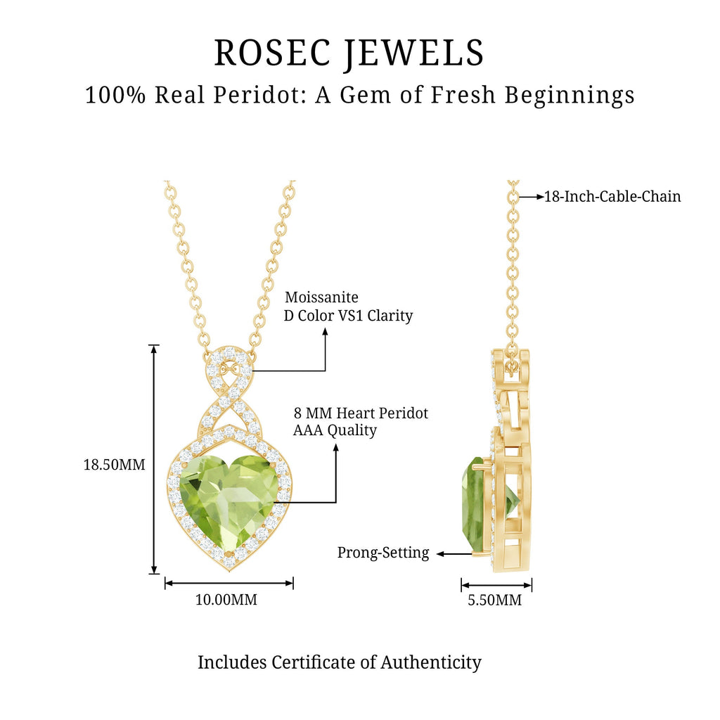 Peridot Infinity Pendant – 2 Carat Heart Shape Necklace with Moissanite Stones