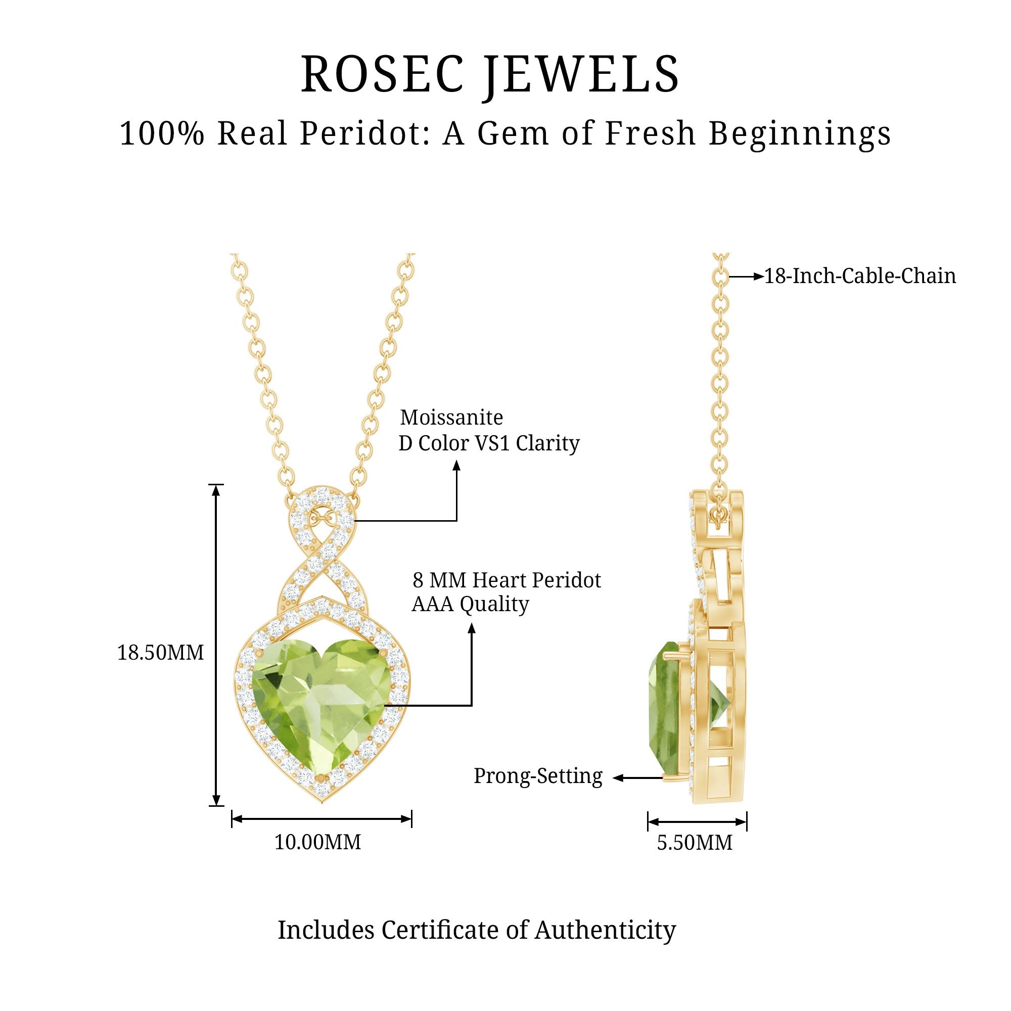 Peridot Infinity Pendant – 2 Carat Heart Shape Necklace with Moissanite Stones