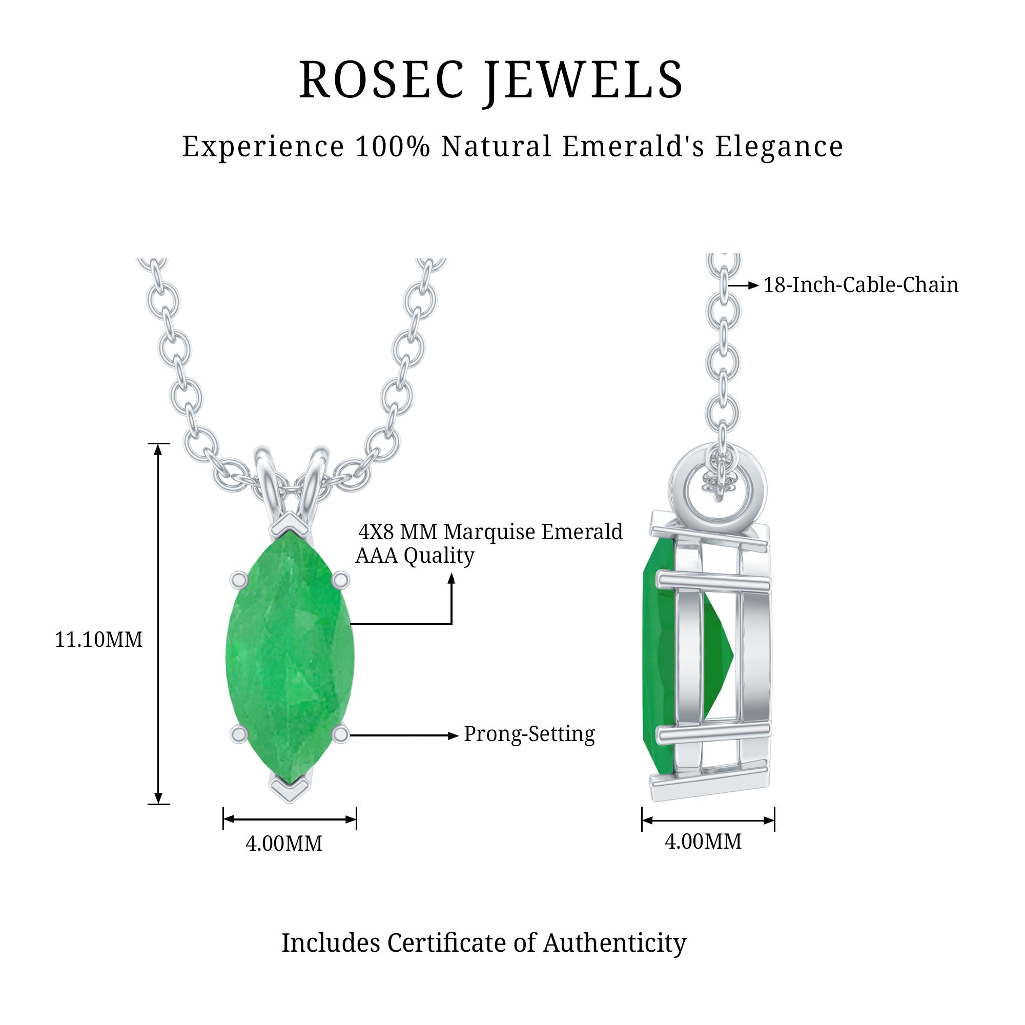 Emerald Pendant Necklace - Marquise Cut Solitaire Green Gemstone Jewelry Gift