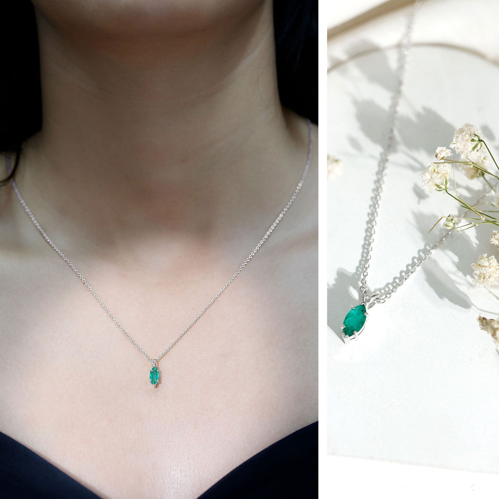 Emerald Pendant Necklace - Marquise Cut Solitaire Green Gemstone Jewelry Gift