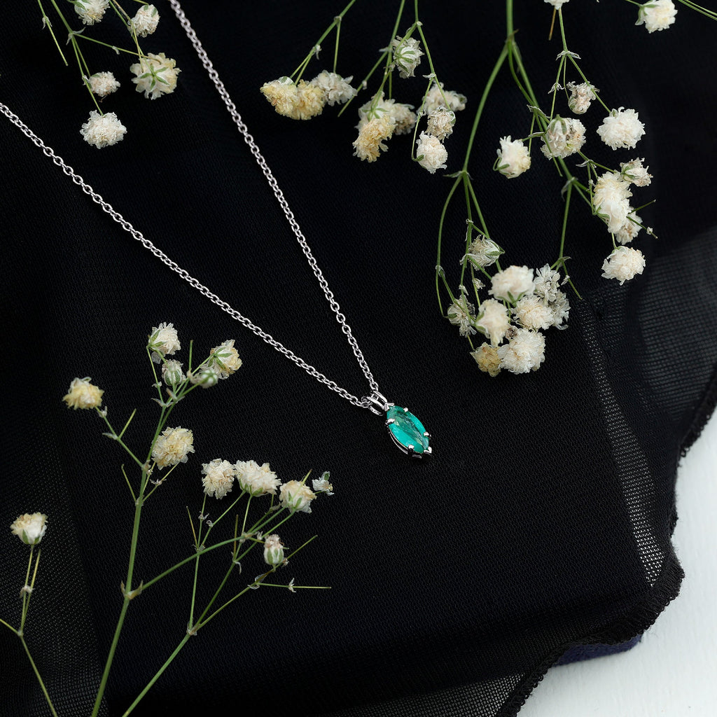 Emerald Pendant Necklace - Marquise Cut Solitaire Green Gemstone Jewelry Gift