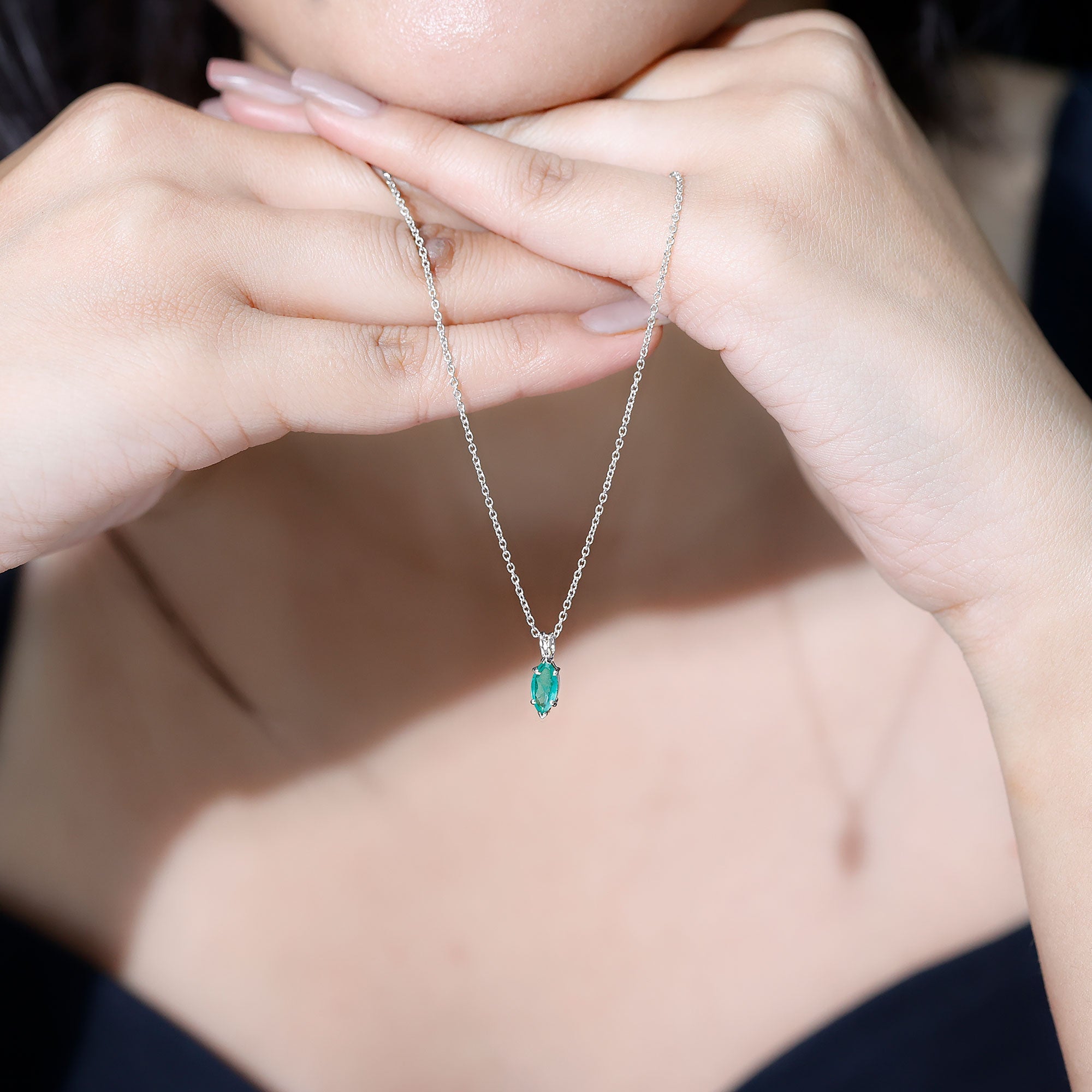 Emerald Pendant Necklace - Marquise Cut Solitaire Green Gemstone Jewelry Gift