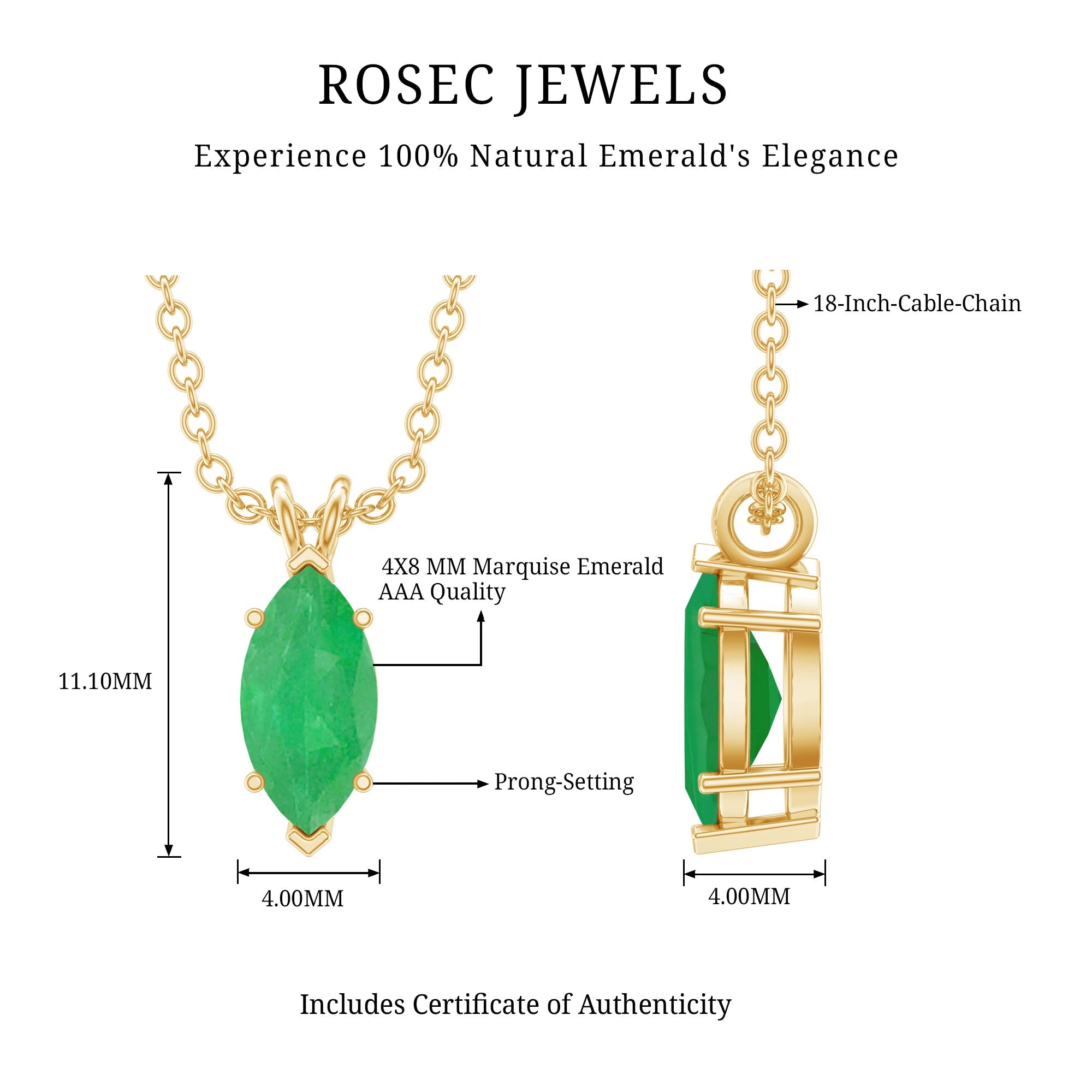 Emerald Pendant Necklace - Marquise Cut Solitaire Green Gemstone Jewelry Gift