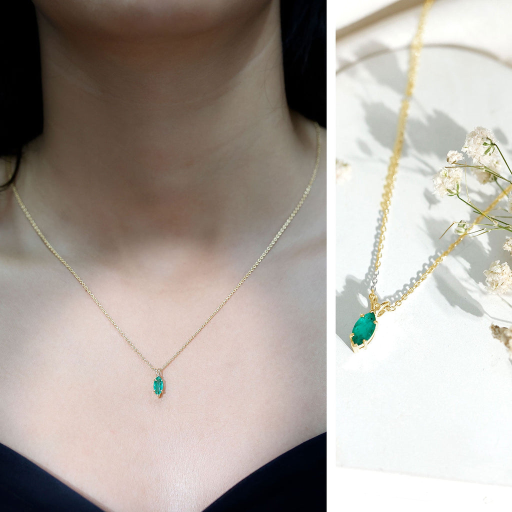 Emerald Pendant Necklace - Marquise Cut Solitaire Green Gemstone Jewelry Gift