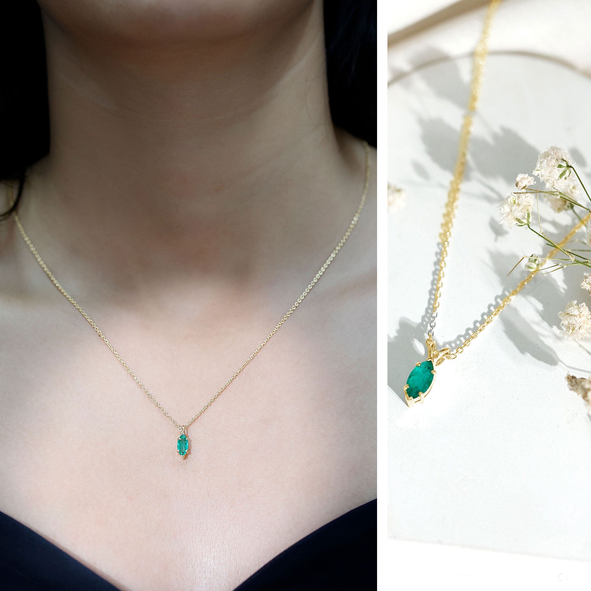 Emerald Pendant Necklace - Marquise Cut Solitaire Green Gemstone Jewelry Gift