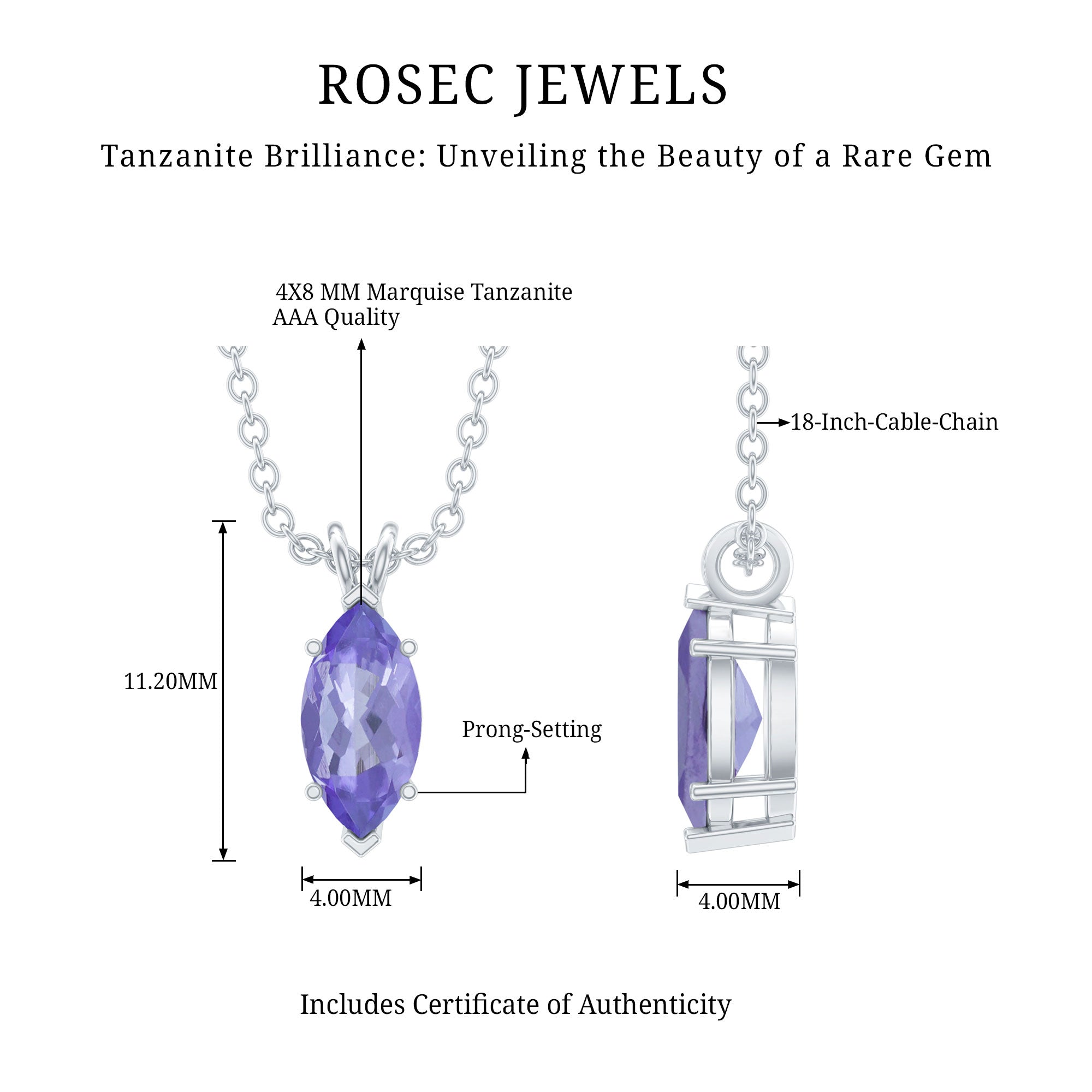 Marquise Tanzanite Pendant – 0.6 Carat Solitaire Necklace with Adjustable Silver Chain