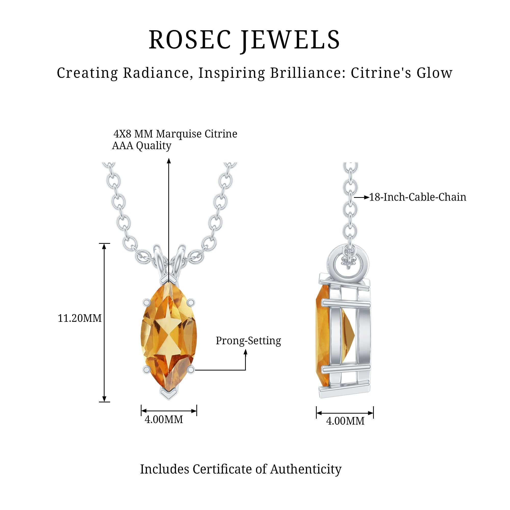 Citrine Solitaire Necklace – 4X8 MM Marquise Cut Pendant | Silver Chain Jewelry