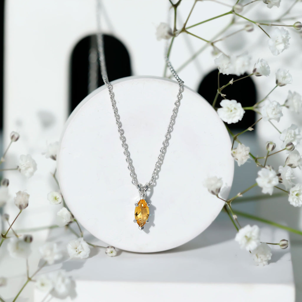 Citrine Solitaire Necklace – 4X8 MM Marquise Cut Pendant | Silver Chain Jewelry