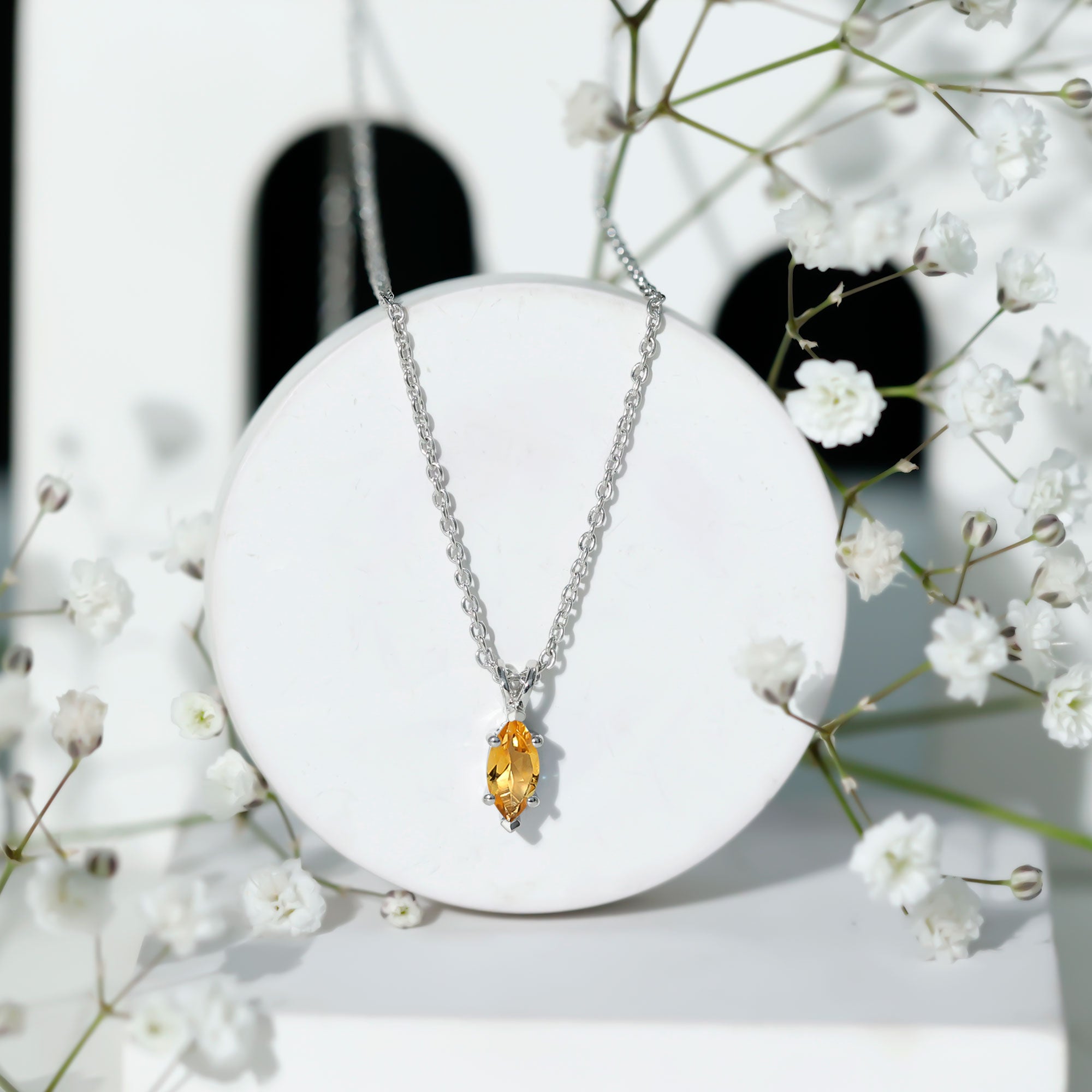 Citrine Solitaire Necklace – 4X8 MM Marquise Cut Pendant | Silver Chain Jewelry