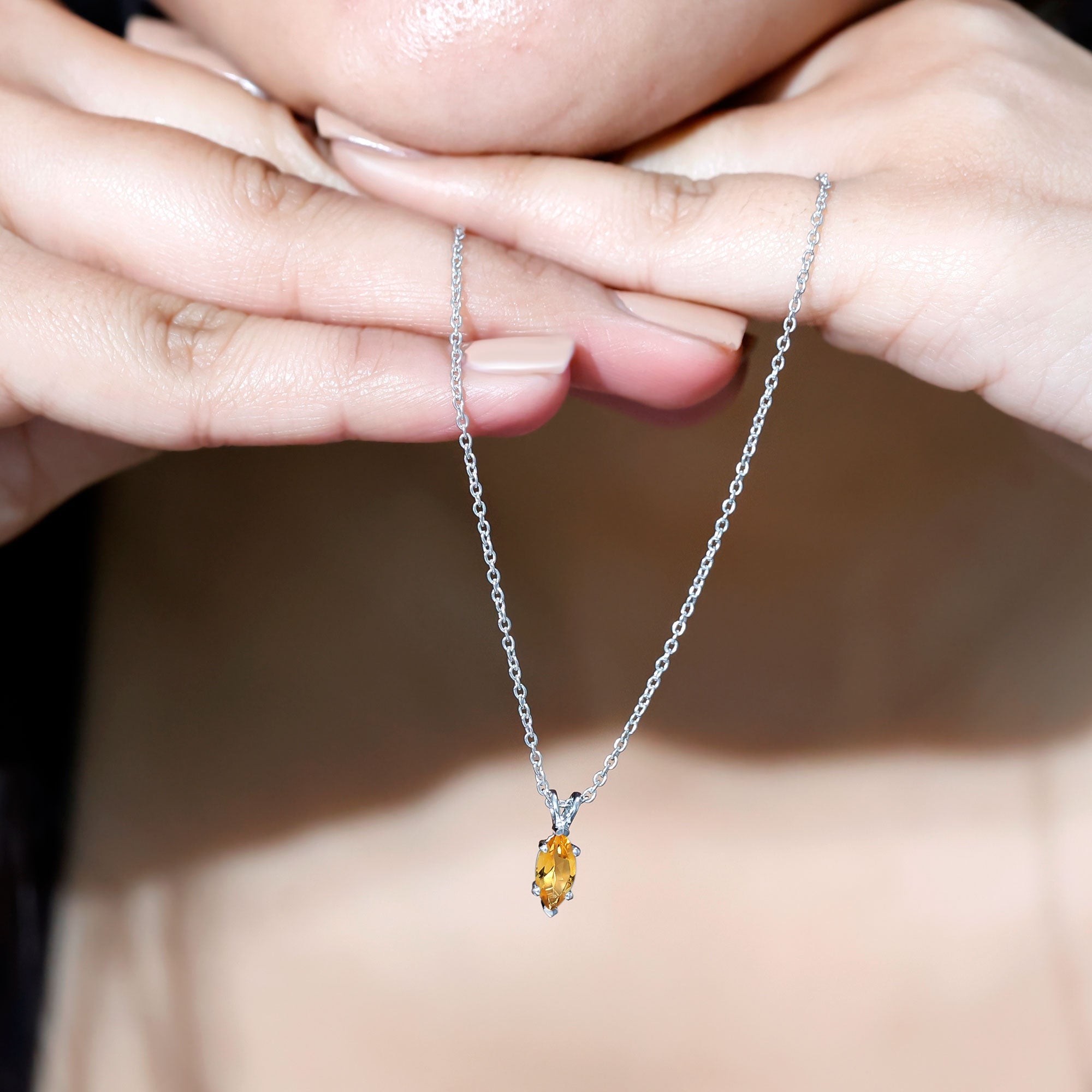 Citrine Solitaire Necklace – 4X8 MM Marquise Cut Pendant | Silver Chain Jewelry