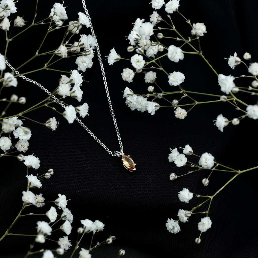 Citrine Solitaire Necklace – 4X8 MM Marquise Cut Pendant | Silver Chain Jewelry